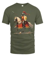 Medieval Knight Rider Tee with Bold Warrior Horse Artwork - military green t-shirt on white background