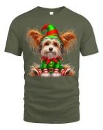 Cute Christmas Elf Dog Tee with Festive Holiday Puppy Art - military green t-shirt on white background