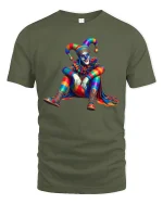 Colorful Jester Art Tee with Vibrant Harlequin Clown Design - military green t-shirt on white background