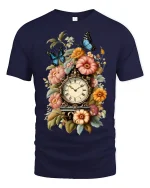Vintage Floral Clock Butterfly Art Tee for Timeless Style - navy t-shirt on white background