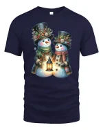 Snowman Couple Lantern Glow Tee with Festive Winter Design - navy t-shirt on white background