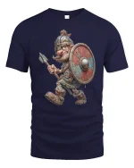 Funny Viking Warrior Tee with Cartoon Shield and Spear Art - navy t-shirt on white background