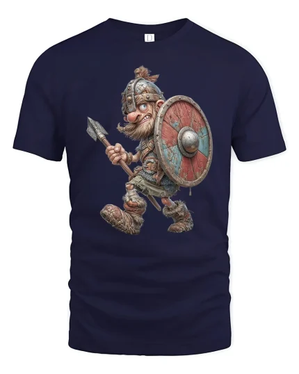 Funny Viking Warrior Tee with Cartoon Shield and Spear Art - navy t-shirt on white background