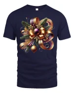 Elegant Christmas Bow Tee with Gold Ribbon Ornament Art - navy t-shirt on white background