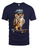 Skateboarding Owl Tee with Cool Cap and Street Style Art - navy t-shirt on white background