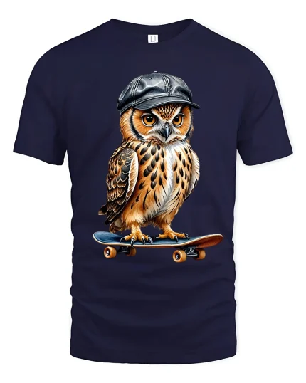 Skateboarding Owl Tee with Cool Cap and Street Style Art - navy t-shirt on white background