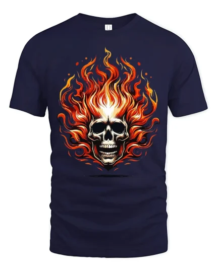 Flaming Skull Tee with Fierce Fire Artwork for Bold Style - navy t-shirt on white background