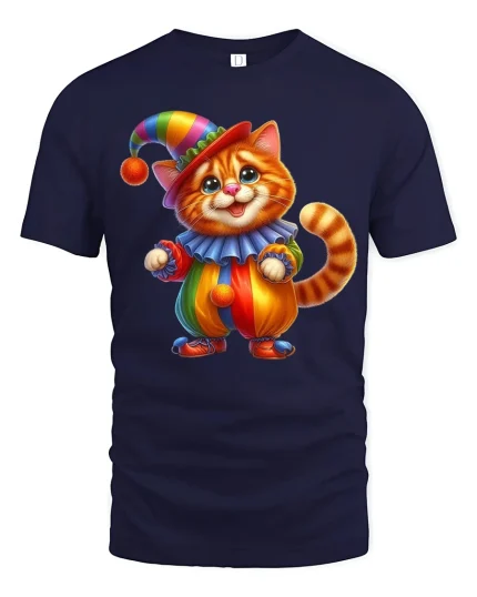 Cute Clown Cat Tee with Colorful Adorable Kitty Artwork - navy t-shirt on white background