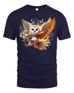 Magical Owl Warrior Fantasy Art Tee with Enchanted Style - navy t-shirt on white background