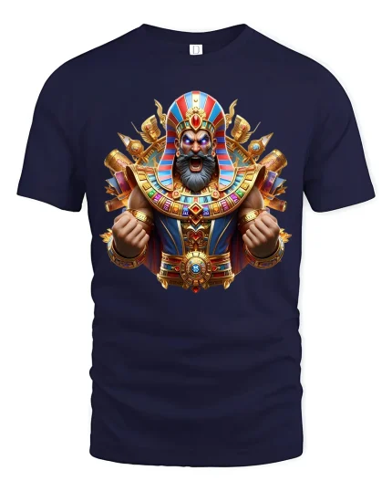 Epic Pharaoh Warrior Tee with Golden Ancient Egypt Art - navy t-shirt on white background
