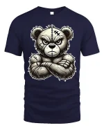 Angry Tough Teddy Bear Tee with Bold Cartoon Stitch Art - navy t-shirt on white background