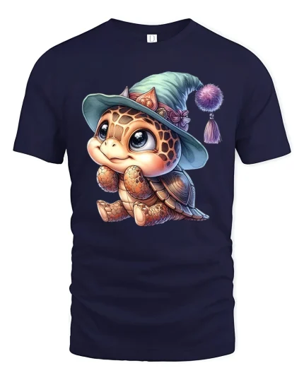 Cute Baby Turtle Tee with Magical Hat Cartoon Artwork - navy t-shirt on white background