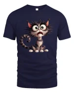 Funny Scared Cat Tee with Big Eyes Cartoon Artwork - navy t-shirt on white background