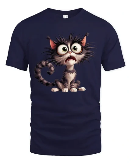 Funny Scared Cat Tee with Big Eyes Cartoon Artwork - navy t-shirt on white background