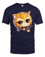 Cute Big Eyed Cat Tee in Adorable Cartoon Art Style - navy t-shirt on white background