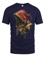 Mysterious Rogue Hooded Warrior Tee with Epic Fantasy Style - navy t-shirt on white background