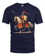 Medieval Knight Rider Tee with Bold Warrior Horse Artwork - navy t-shirt on white background