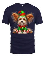 Cute Christmas Elf Dog Tee with Festive Holiday Puppy Art - navy t-shirt on white background