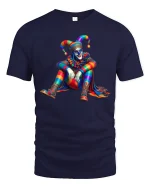 Colorful Jester Art Tee with Vibrant Harlequin Clown Design - navy t-shirt on white background