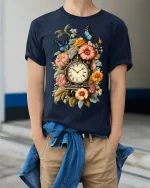 Vintage Floral Clock Butterfly Art Tee for Timeless Style - model wearing navy tee with hands in pockets