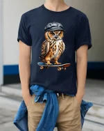 Skateboarding Owl Tee with Cool Cap and Street Style Art - model wearing navy tee with hands in pockets