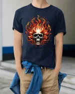 Flaming Skull Tee with Fierce Fire Artwork for Bold Style - model wearing navy tee with hands in pockets