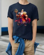 Mighty Warrior King Tee with Epic Royal Armor Artwork - model wearing navy tee with hands in pockets