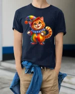 Cute Clown Cat Tee with Colorful Adorable Kitty Artwork - model wearing navy tee with hands in pockets