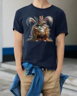 Steampunk Bunny Adventurer Tee with Fantasy Gear Art - model wearing navy tee with hands in pockets