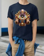 Epic Pharaoh Warrior Tee with Golden Ancient Egypt Art - model wearing navy tee with hands in pockets