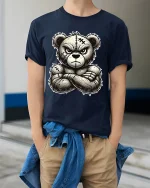 Angry Tough Teddy Bear Tee with Bold Cartoon Stitch Art - model wearing navy tee with hands in pockets