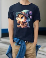 Cute Baby Turtle Tee with Magical Hat Cartoon Artwork - model wearing navy tee with hands in pockets