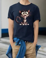 Funny Scared Cat Tee with Big Eyes Cartoon Artwork - model wearing navy tee with hands in pockets