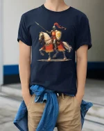 Medieval Knight Rider Tee with Bold Warrior Horse Artwork - model wearing navy tee with hands in pockets