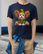 Cute Christmas Elf Dog Tee with Festive Holiday Puppy Art - model wearing navy tee with hands in pockets