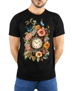 Vintage Floral Clock Butterfly Art Tee for Timeless Style - model wearing black tee with hands behind back