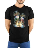 Snowman Couple Lantern Glow Tee with Festive Winter Design - model wearing black tee with hands behind back