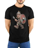 Funny Viking Warrior Tee with Cartoon Shield and Spear Art - model wearing black tee with hands behind back