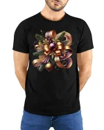 Elegant Christmas Bow Tee with Gold Ribbon Ornament Art - model wearing black tee with hands behind back