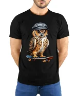 Skateboarding Owl Tee with Cool Cap and Street Style Art - model wearing black tee with hands behind back