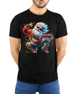 Funky Dancing Santa Tee with Cool Holiday Party Vibes - model wearing black tee with hands behind back