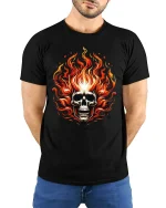 Flaming Skull Tee with Fierce Fire Artwork for Bold Style - model wearing black tee with hands behind back