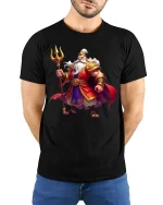 Mighty Warrior King Tee with Epic Royal Armor Artwork - model wearing black tee with hands behind back