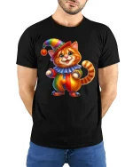 Cute Clown Cat Tee with Colorful Adorable Kitty Artwork - model wearing black tee with hands behind back