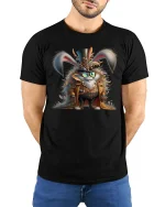 Steampunk Bunny Adventurer Tee with Fantasy Gear Art - model wearing black tee with hands behind back