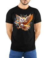 Magical Owl Warrior Fantasy Art Tee with Enchanted Style - model wearing black tee with hands behind back