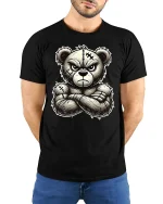 Angry Tough Teddy Bear Tee with Bold Cartoon Stitch Art - model wearing black tee with hands behind back