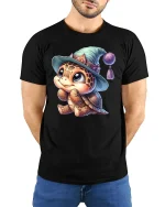 Cute Baby Turtle Tee with Magical Hat Cartoon Artwork - model wearing black tee with hands behind back