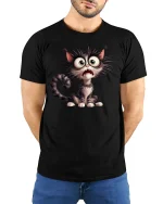Funny Scared Cat Tee with Big Eyes Cartoon Artwork - model wearing black tee with hands behind back