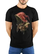 Mysterious Rogue Hooded Warrior Tee with Epic Fantasy Style - model wearing black tee with hands behind back